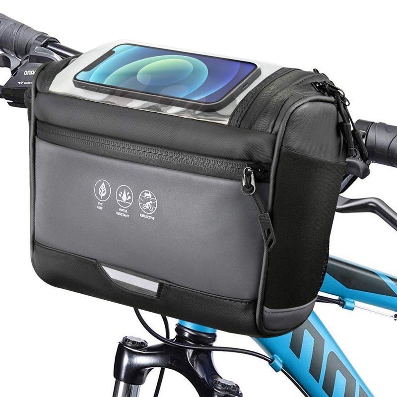 WOTOW Bike Front Handlebar Bag - Large Reflective Bicycle Handlebar Basket Bags Waterproof Storage Pannier for Bike Touchable Transparent Phone Holder Pouch for Men Women Road MTB Outdoor Cycling 3.5L - Image 1